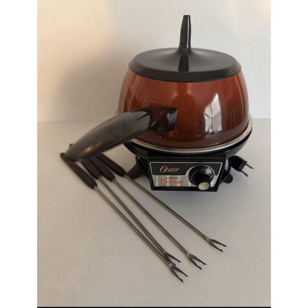 Vintage Oster Electric Fondue Pot Set Flame Red Burnt Orange Mid Century MCM